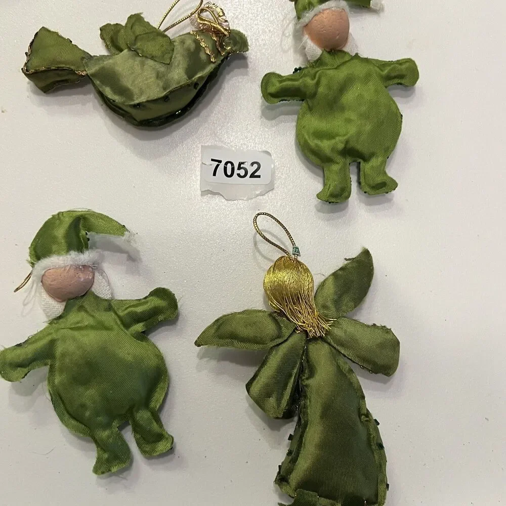 4 Christmas Ornament Vintage Japan Cloth Green Satin Elf Santa Sequin handmade